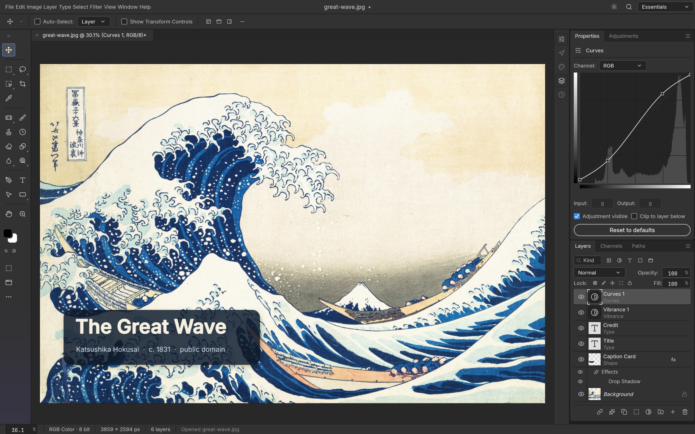PhotoCraft displaying Hokusai’s Great Wave with Curves and Vibrance adjustment layers, editable type and a layer panel.