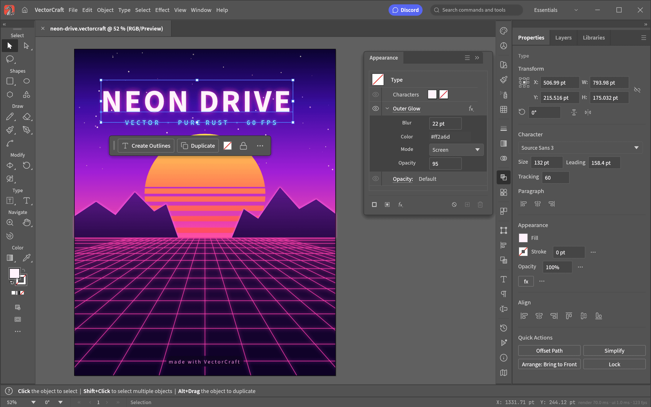 VectorCraft editing a Neon Drive poster, with selected text, an Outer Glow effect and character properties visible.
